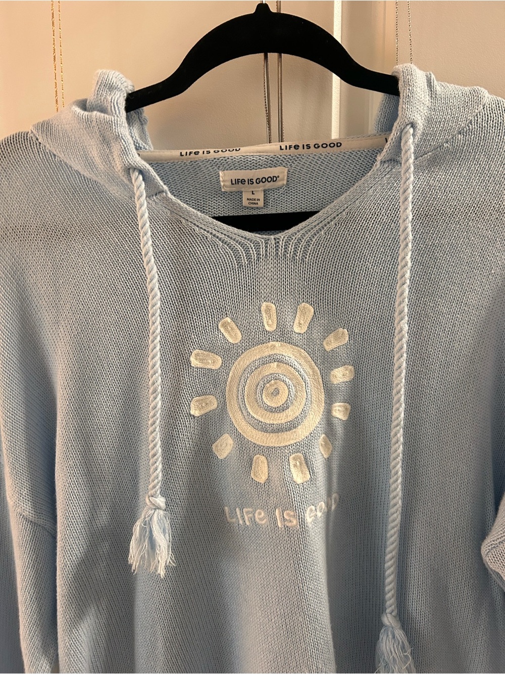 Life Is Good Pale Blue Hooded Knit Pullover with White Sun Emblem